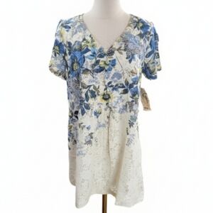 NWT One World Women's Multicolor Floral Lace Size Medium Short Sleeve Tunic